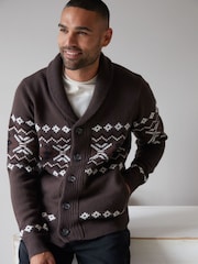 Threadbare Brown Fairisle Pattern Shawl Collar Knitted Cardigan - Image 1 of 4