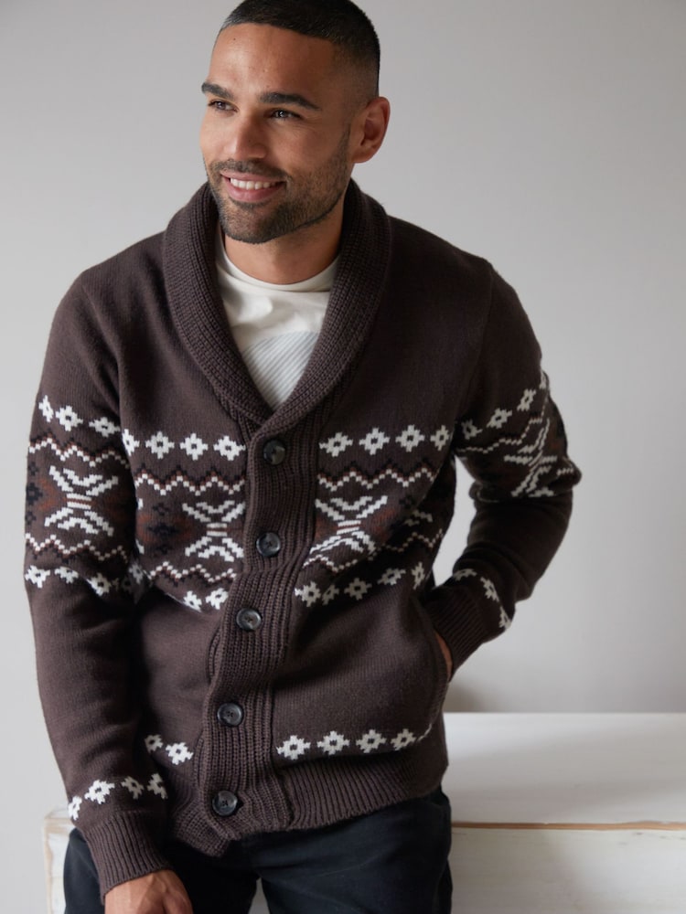 Threadbare Brown Fairisle Pattern Shawl Collar Knitted Cardigan - Image 1 of 4
