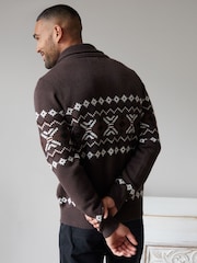 Threadbare Brown Fairisle Pattern Shawl Collar Knitted Cardigan - Image 2 of 4