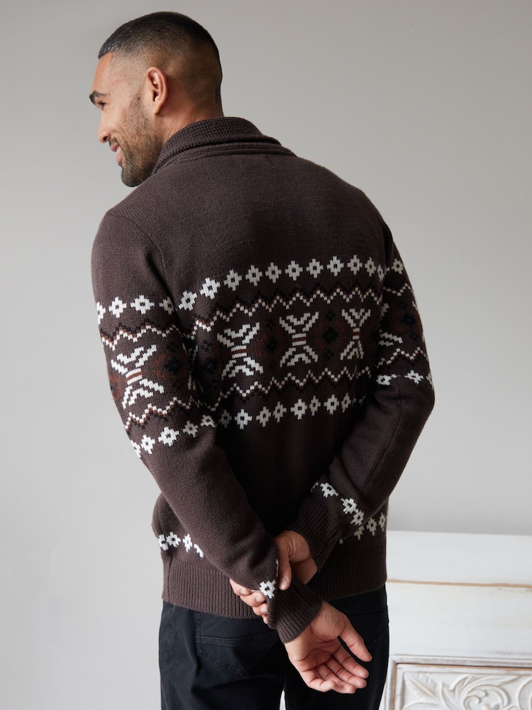 Threadbare Brown Fairisle Pattern Shawl Collar Knitted Cardigan - Image 2 of 4