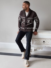 Threadbare Brown Fairisle Pattern Shawl Collar Knitted Cardigan - Image 3 of 4