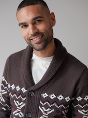 Threadbare Brown Fairisle Pattern Shawl Collar Knitted Cardigan - Image 4 of 4