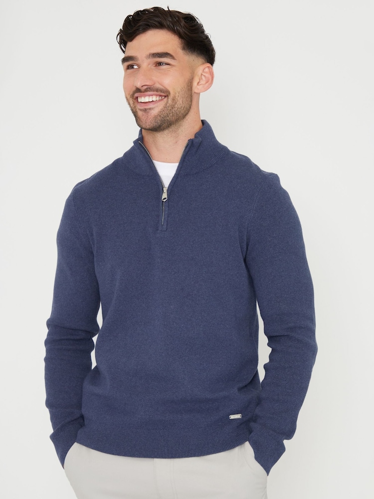 Threadbare Dark Blue Cotton Blend Knitted Quarter Zip Jumper - Image 1 of 4 Threadbare Dark Blue Cotton Blend Knitted Quarter Zip Jumper - Image 1 of 4