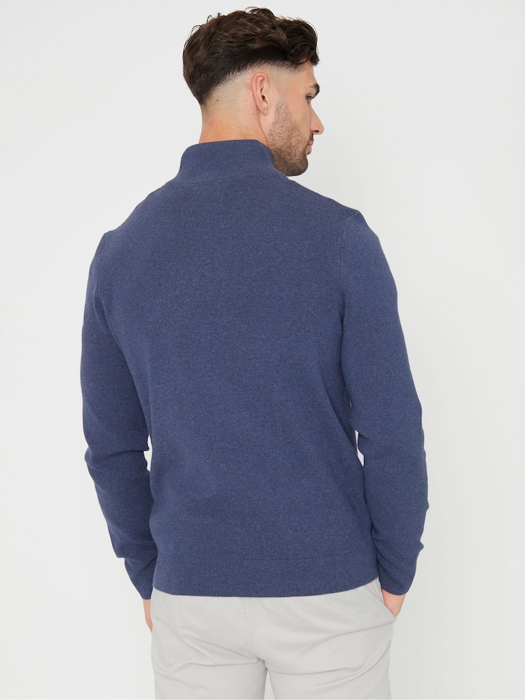 Threadbare Dark Blue Cotton Blend Knitted Quarter Zip Jumper - Image 2 of 4 Threadbare Dark Blue Cotton Blend Knitted Quarter Zip Jumper - Image 2 of 4