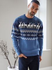 Threadbare Sky Blue Crew Neck Fairisle Pattern Christmas Jumper - Image 1 of 4