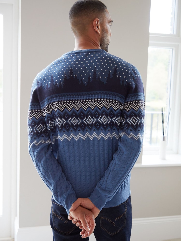 Threadbare Sky Blue Crew Neck Fairisle Pattern Christmas Jumper - Image 2 of 4