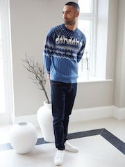 Threadbare Sky Blue Crew Neck Fairisle Pattern Christmas Jumper - Image 3 of 4