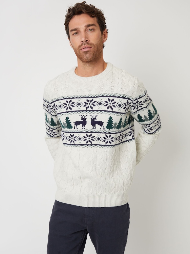 Threadbare Light Brown Crew Neck Fairisle Pattern Christmas Jumper - Image 1 of 5