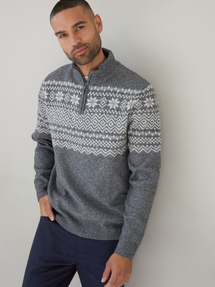 Threadbare Light Grey Quarter Zip Christmas Knitted Jumper - Image 1 of 4