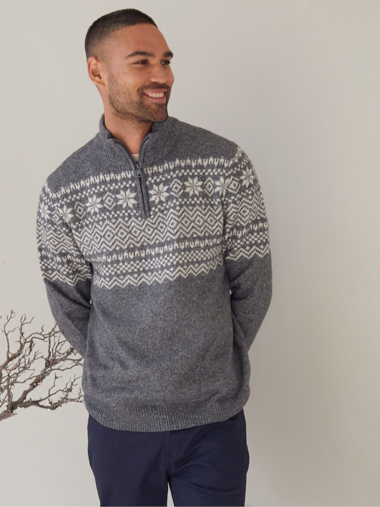 Threadbare Light Grey Quarter Zip Christmas Knitted Jumper - Image 2 of 4