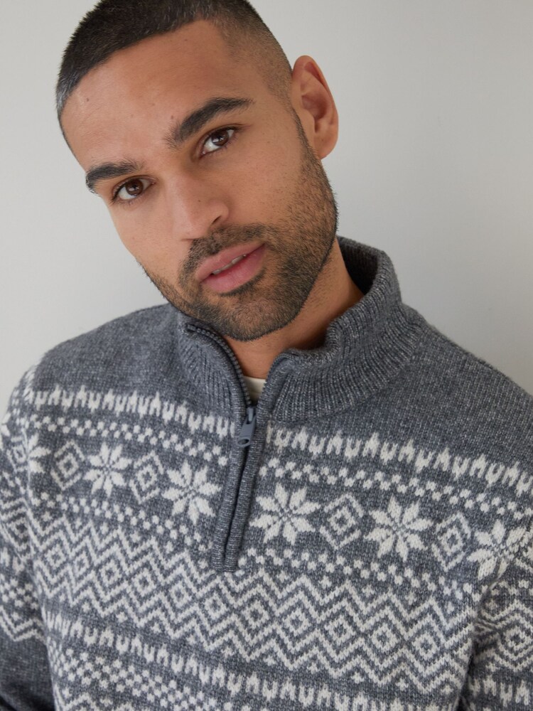 Threadbare Light Grey Quarter Zip Christmas Knitted Jumper - Image 4 of 4