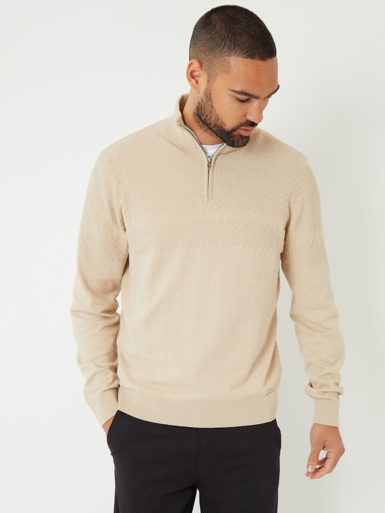 Threadbare Light Brown Long Sleeve Textured Knitted Quarter Zip Jumper - Image 1 of 4