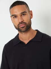 Threadbare Black Trophy Neck Knitted Long Sleeve Polo Jumper - Image 1 of 5