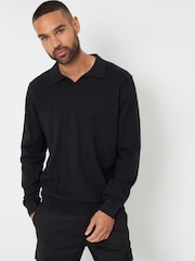 Threadbare Black Trophy Neck Knitted Long Sleeve Polo Jumper - Image 2 of 5