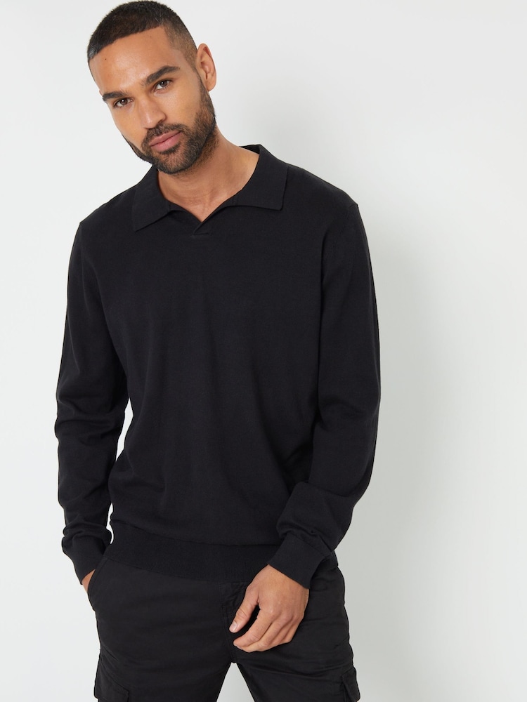 Threadbare Black Trophy Neck Knitted Long Sleeve Polo Jumper - Image 2 of 5
