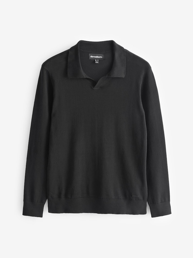 Threadbare Black Trophy Neck Knitted Long Sleeve Polo Jumper - Image 5 of 5