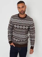Threadbare Brown Crew Neck Fairisle Pattern Christmas Jumper - Image 1 of 4