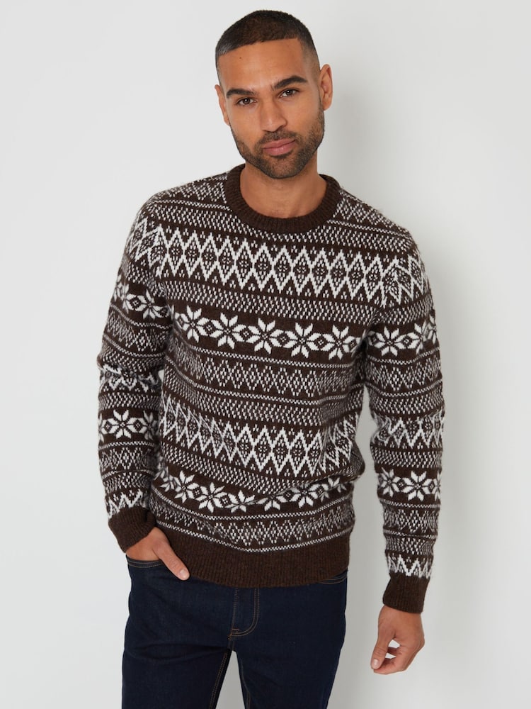 Threadbare Brown Crew Neck Fairisle Pattern Christmas Jumper - Image 1 of 4