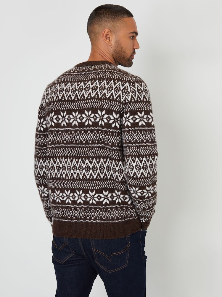 Threadbare Brown Crew Neck Fairisle Pattern Christmas Jumper - Image 2 of 4