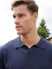 Threadbare Navy Blue Trophy Neck Knitted Long Sleeve Polo Jumper - Image 1 of 4