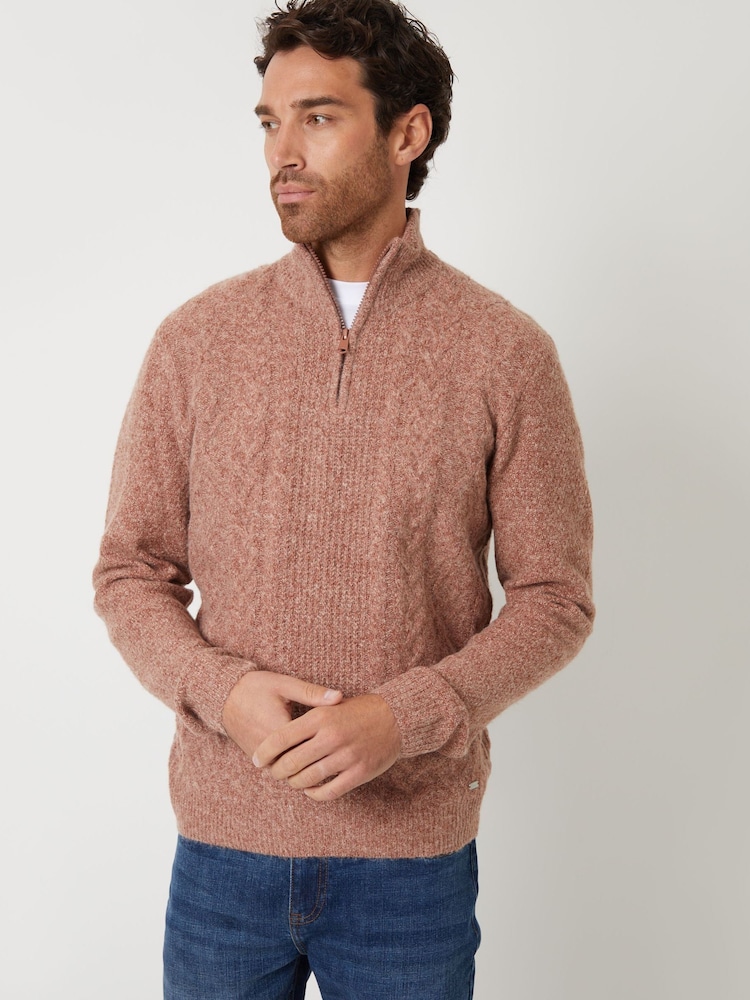 Threadbare Light Brown Cable Knit Detail Quarter Zip Jumper - Image 1 of 4