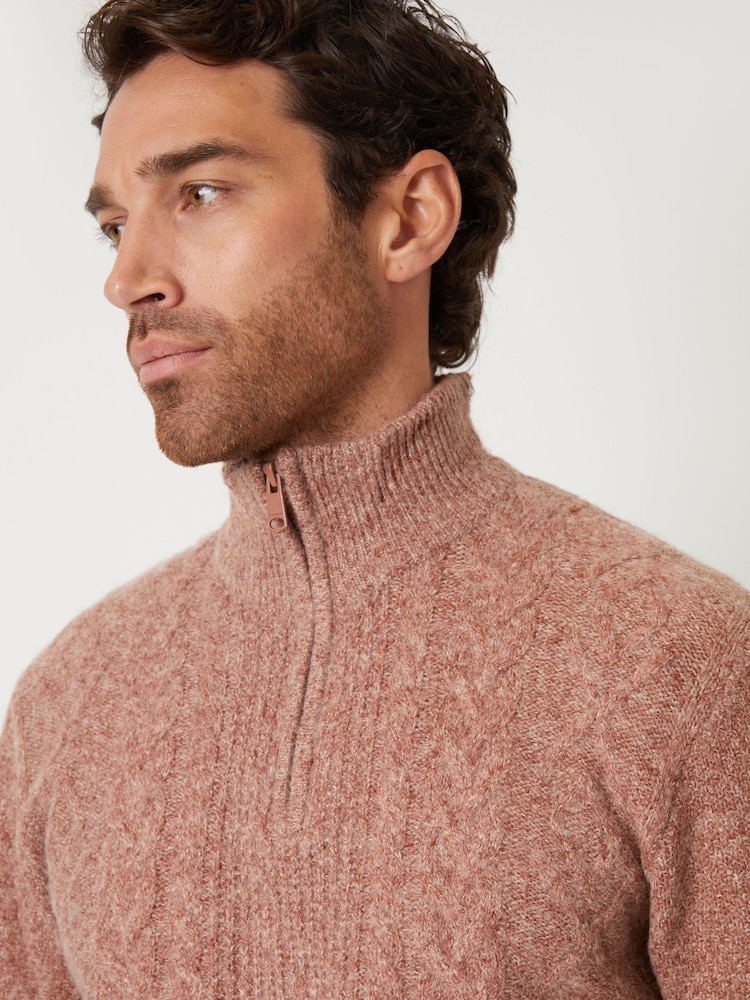 Threadbare Light Brown Cable Knit Detail Quarter Zip Jumper - Image 4 of 4