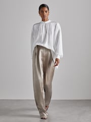 Reiss Champagne Mia Atelier Belted Satin Trousers - Image 1 of 5