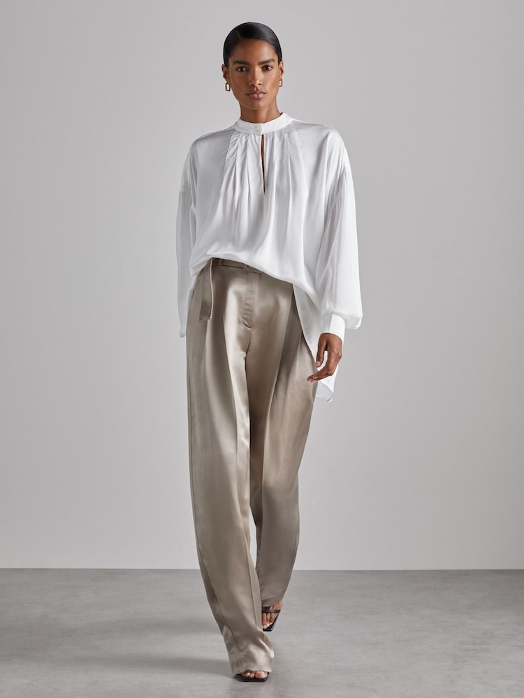 Reiss Champagne Mia Atelier Belted Satin Trousers - Image 1 of 5