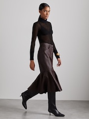 Reiss Burgundy Luella Atelier Leather Fluted Midi Skirt - Image 1 of 8