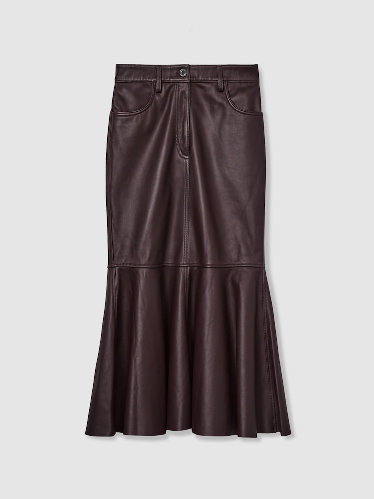 Reiss Burgundy Luella Atelier Leather Fluted Midi Skirt - Image 2 of 8