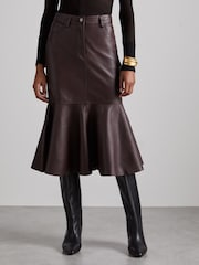 Reiss Burgundy Luella Atelier Leather Fluted Midi Skirt - Image 3 of 8
