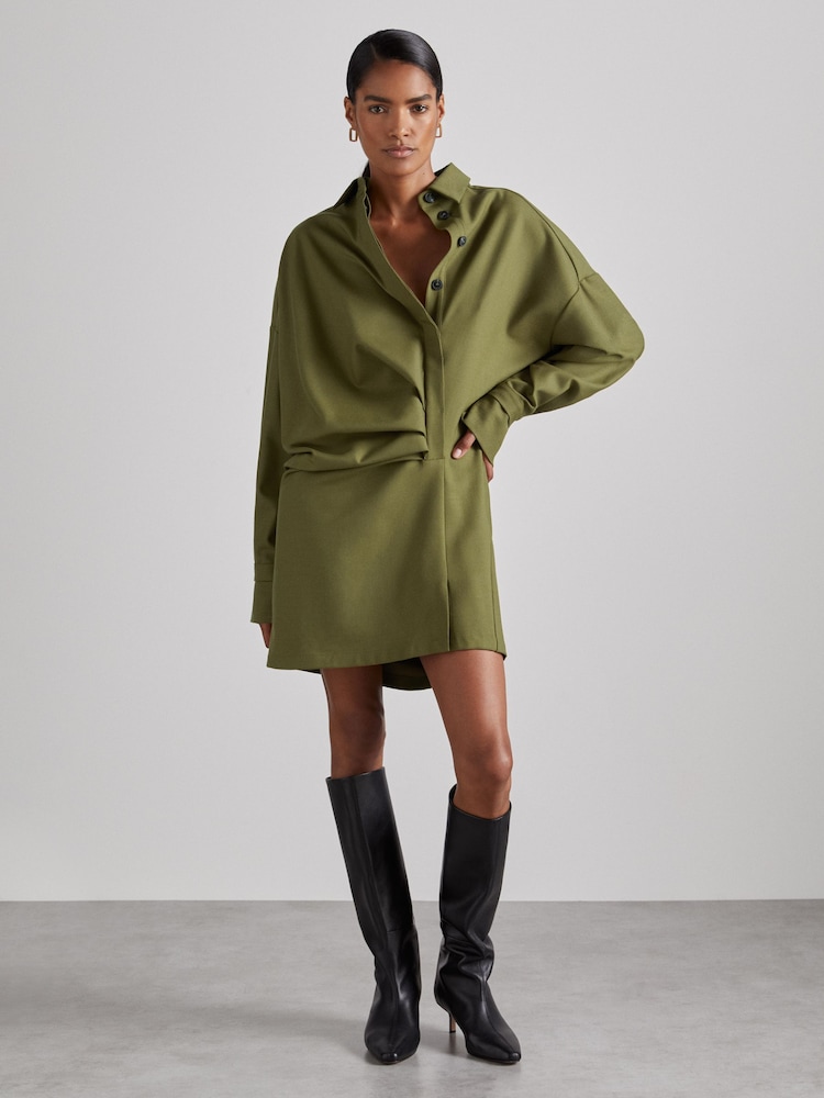 Reiss Khaki Mila Atelier Draped Shirt Dress with Wool - Image 1 of 8