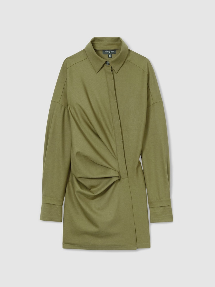 Reiss Khaki Mila Atelier Draped Shirt Dress with Wool - Image 2 of 8