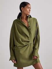 Reiss Khaki Mila Atelier Draped Shirt Dress with Wool - Image 3 of 8