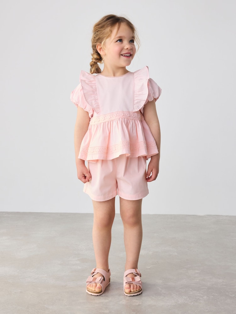 Baker by Ted Baker Pink Woven Frill Peplum 100% Cotton Top and Shorts Set - Image 1 of 12