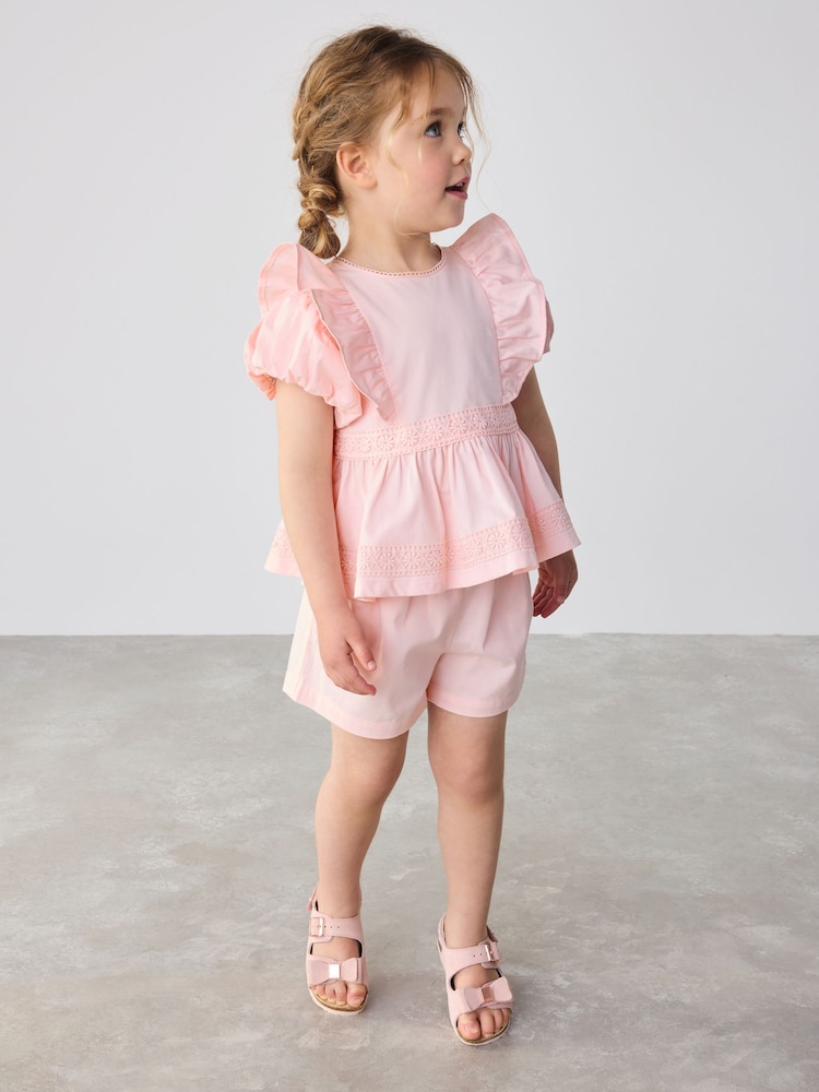 Baker by Ted Baker Pink Woven Frill Peplum 100% Cotton Top and Shorts Set - Image 2 of 12