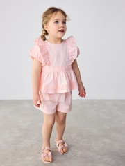 Baker by Ted Baker Pink Woven Frill Peplum 100% Cotton Top and Shorts Set - Image 4 of 12