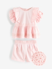 Baker by Ted Baker Pink Woven Frill Peplum 100% Cotton Top and Shorts Set - Image 9 of 12