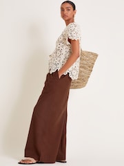 Monsoon Brown Yara Plain Wide Leg Trousers - Image 5 of 6