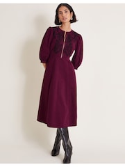 Monsoon Burgundy Red Kaia Embroidered Corduroy 100% Cotton Midi Dress - Image 1 of 6