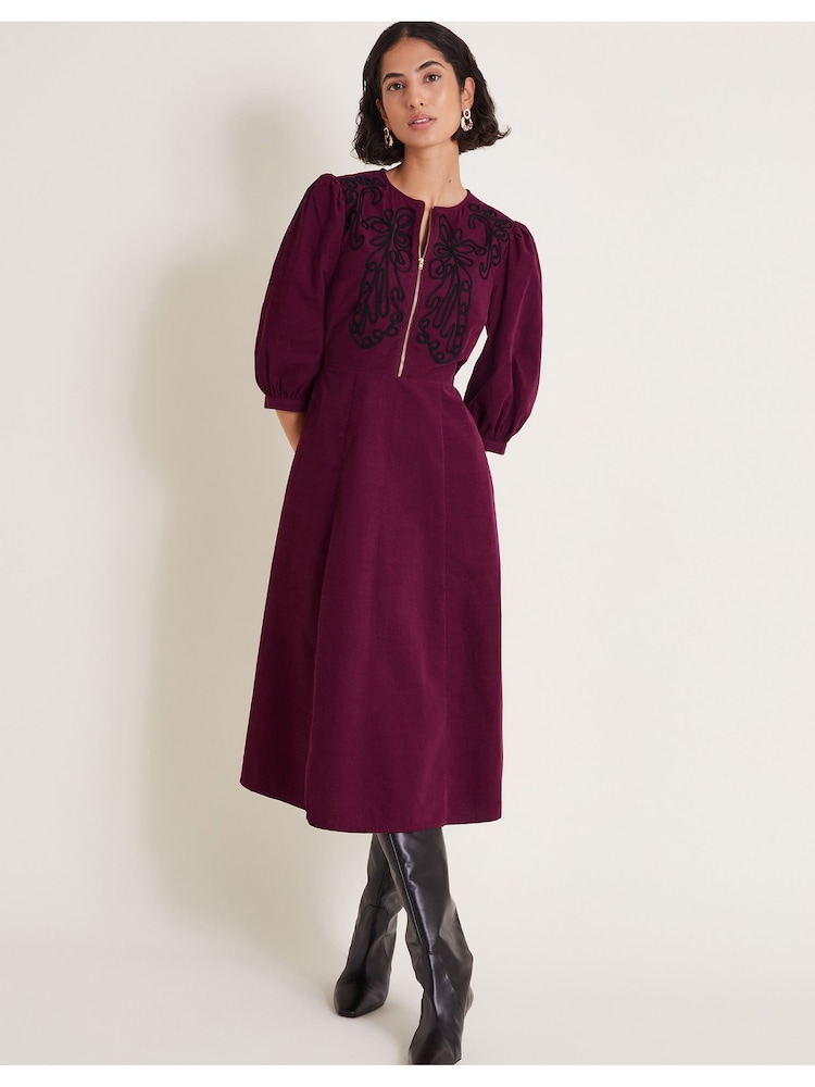 Monsoon Burgundy Red Kaia Embroidered Corduroy 100% Cotton Midi Dress - Image 1 of 6