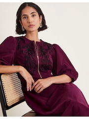 Monsoon Burgundy Red Kaia Embroidered Corduroy 100% Cotton Midi Dress - Image 2 of 6