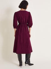 Monsoon Burgundy Red Kaia Embroidered Corduroy 100% Cotton Midi Dress - Image 3 of 6