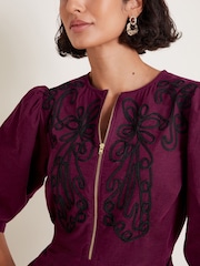 Monsoon Burgundy Red Kaia Embroidered Corduroy 100% Cotton Midi Dress - Image 4 of 6