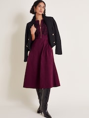 Monsoon Burgundy Red Kaia Embroidered Corduroy 100% Cotton Midi Dress - Image 5 of 6