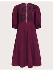 Monsoon Burgundy Red Kaia Embroidered Corduroy 100% Cotton Midi Dress - Image 6 of 6