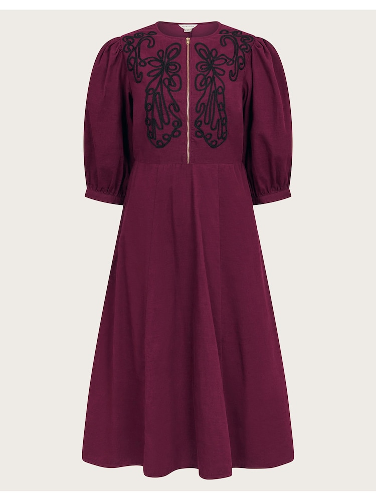 Monsoon Burgundy Red Kaia Embroidered Corduroy 100% Cotton Midi Dress - Image 6 of 6