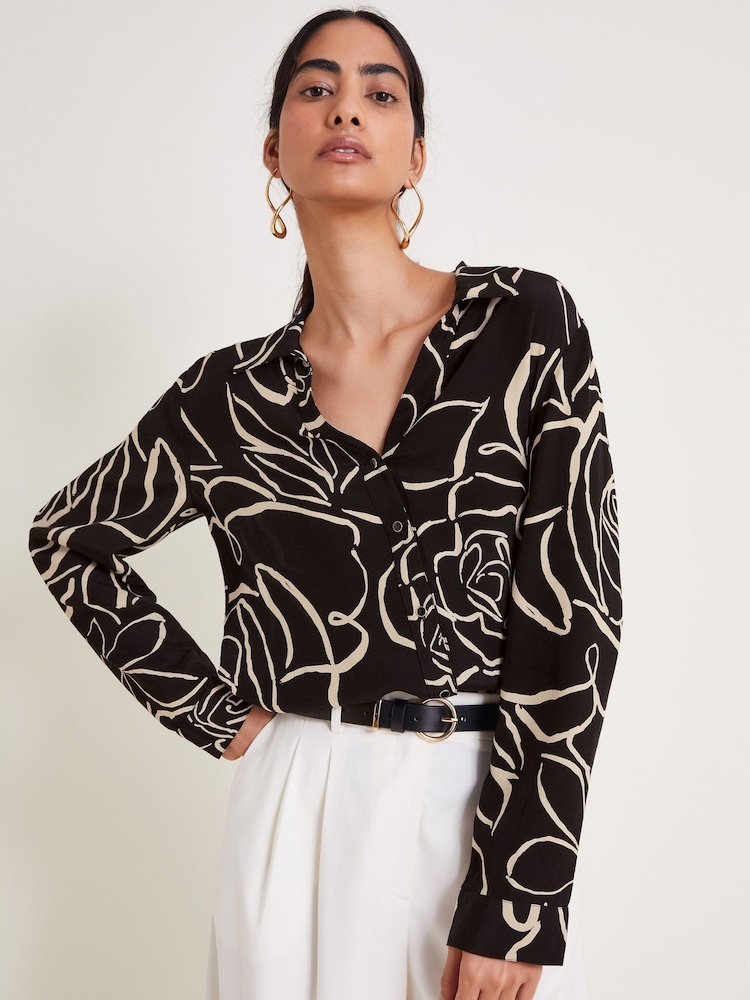 Monsoon Black Mary Illustrated Floral Print Shirt - Image 1 of 5