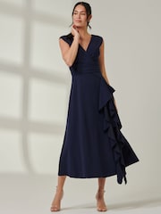 Jolie Moi Blue Wrap Front Frill Detail Maxi Dress - Image 3 of 6