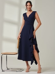 Jolie Moi Blue Wrap Front Frill Detail Maxi Dress - Image 4 of 6